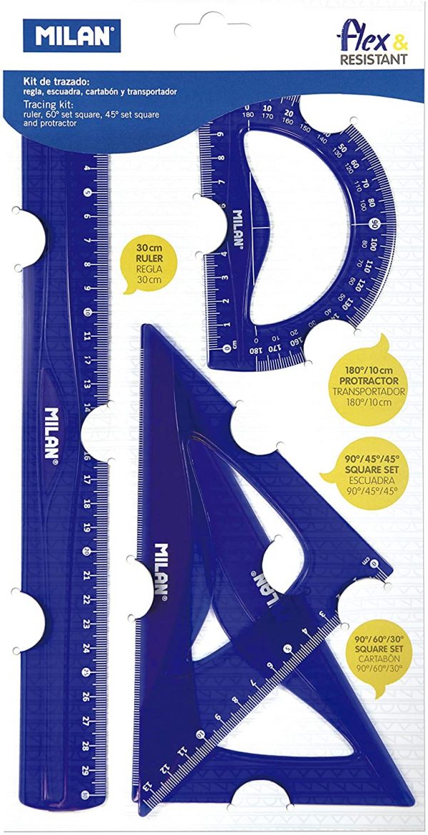 Kit de traçage Milan avec règle de 30 cm, carré, biseau et rapporteur