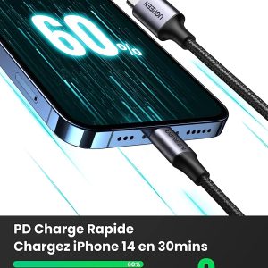 Câble usb-c vers lightning avec MFi Certifié Nylon Tressé compatible avec iPhone et ipad, noir (1M) - UGREEN – Image 3
