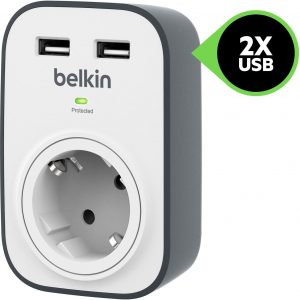 Protection contre les surtensions avec une prise et 2 ports de charge USB Belkin BSV103 SurgeCube – Image 2