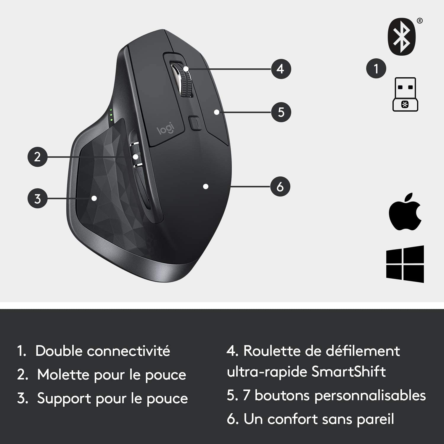 Logitech MX Master 2S Souris sans Fil, Multi-Dispositifs, Bluetooth ou 2,4GHz Récepteur USB Unifying, Précision 4000 PPP Suivi sur toute Surface, 7 Boutons, Recharge Rapide, PC, Mac, i Pad OS – Noir 11