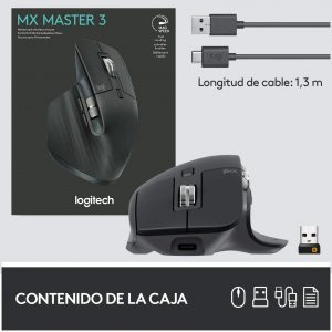 Souris MX Master 3 Advanced, Récepteur USB Bluetooth/2.4GHz, Défilement rapide, Toute Surface, 7 Boutons, Rechargeable, Gris foncé - Logitech – Image 4