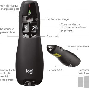 Pointeur laser 2,4 GHz/Récepteur USB, Portée de 15 mètres, 6 boutons, Commande intuitive de diaporama, Indicateur de batterie, PC - Logitech R400 – Image 7