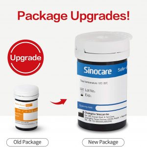 Upgrade des bandelettes pour Sinocare Safe-Accu 2, avec les nouveaux flacons à droite et les anciens flacons à gauche.
