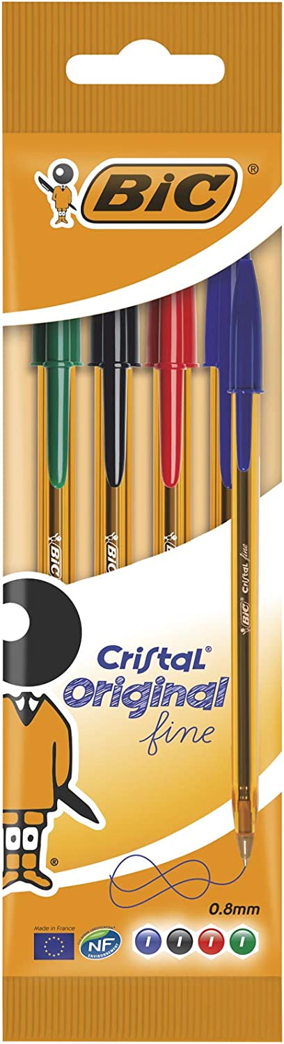 Paquet de 4 stylos à bille cristal original pointef fine (0,8 mm), Couleurs  Assorties – BIC – Zone Affaire