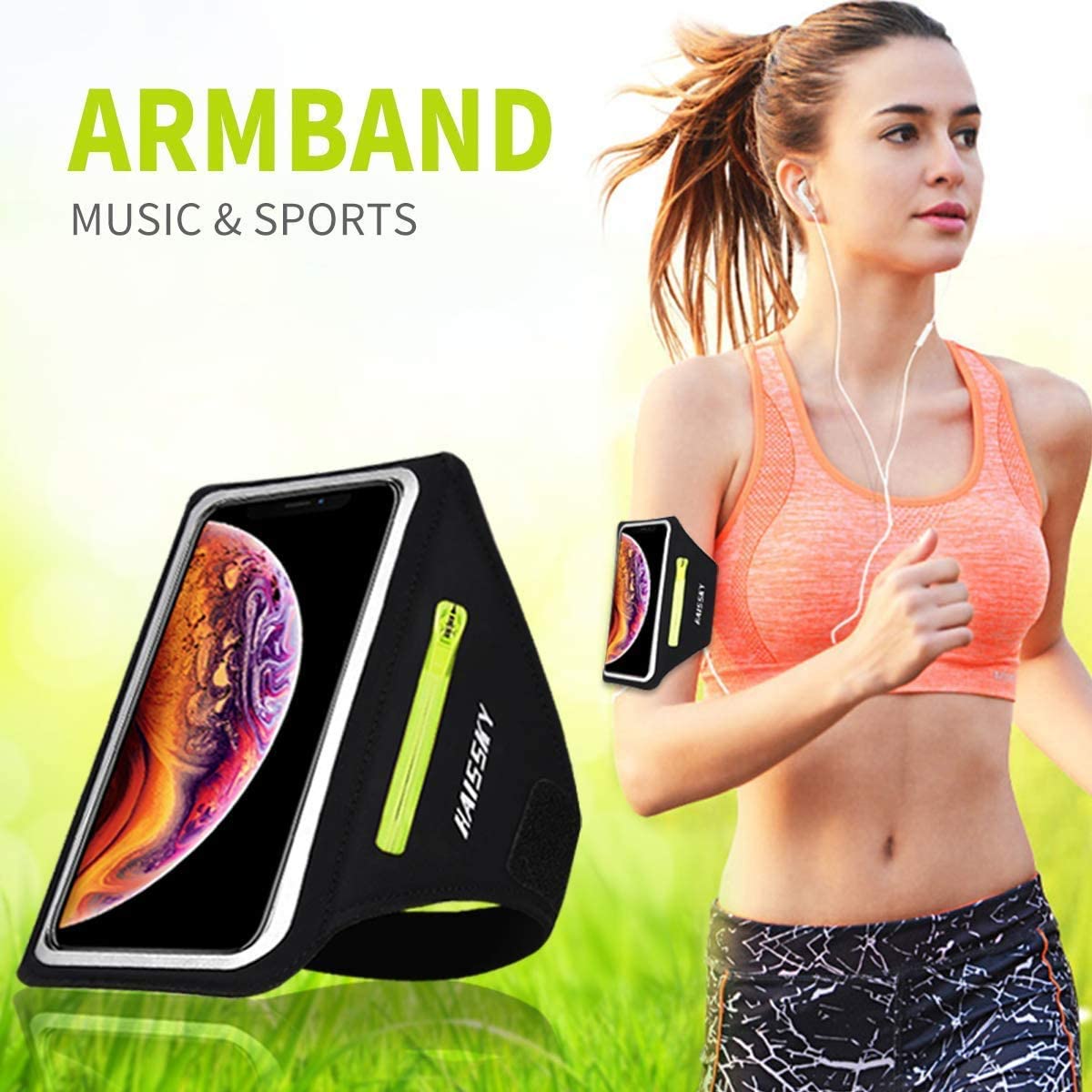 Bracelet de course sportive avec support Airpods, bracelet mobile HAISSKY Sports pour iPhone 11 Pro MAX : iPhone 11 Pro : iPhone XS MAX : iPhone XR : 8 Plus : 8 Galaxy S9 : S8 Plus, Huawei P20 jusqu’à 6.8 – 6