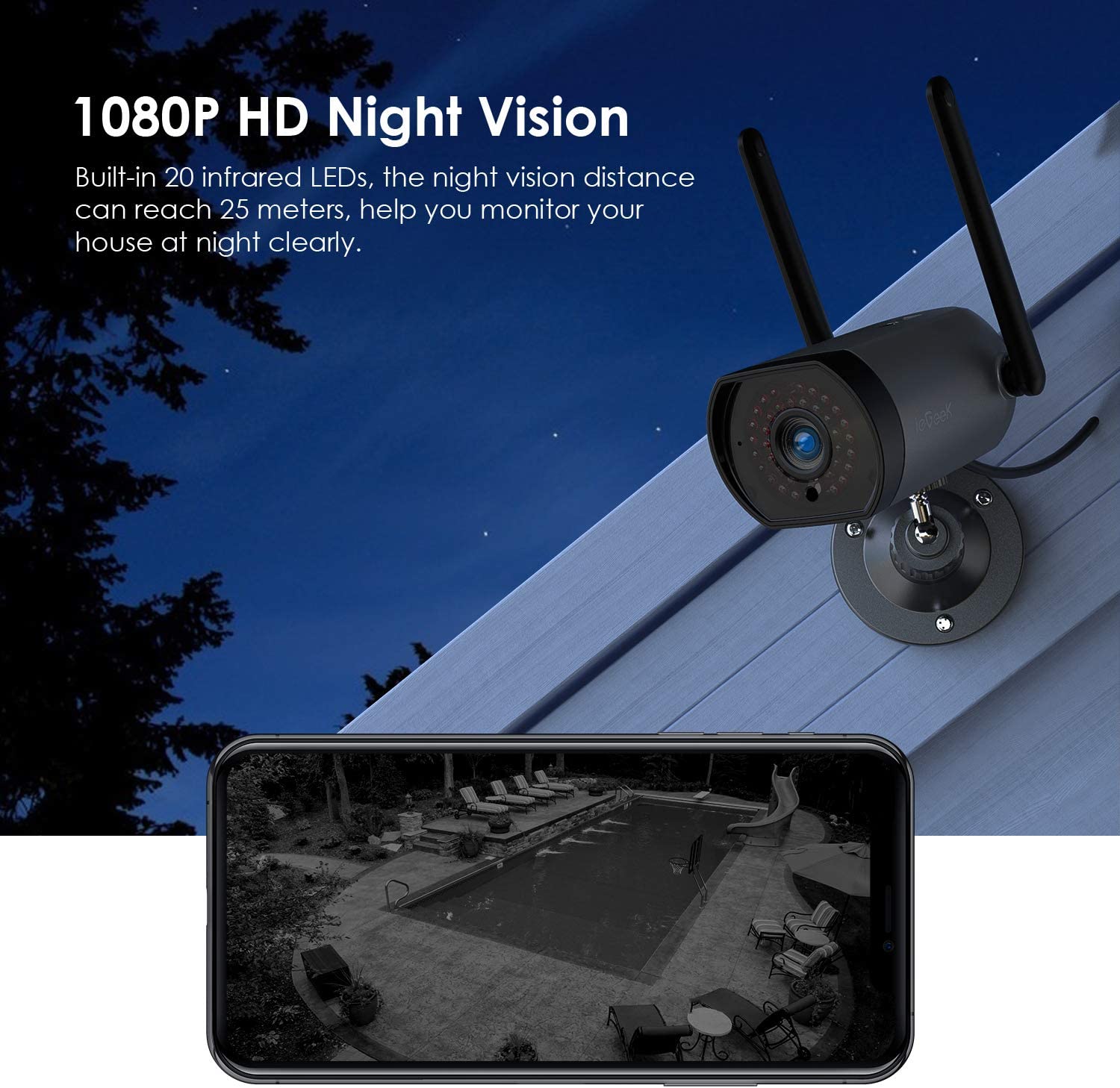 Caméra de sécurité extérieure ieGeek avec vision nocturne de 25 m, antenne 4 dBi, système de caméra de vidéosurveillance filaire WiFi sans fil 3