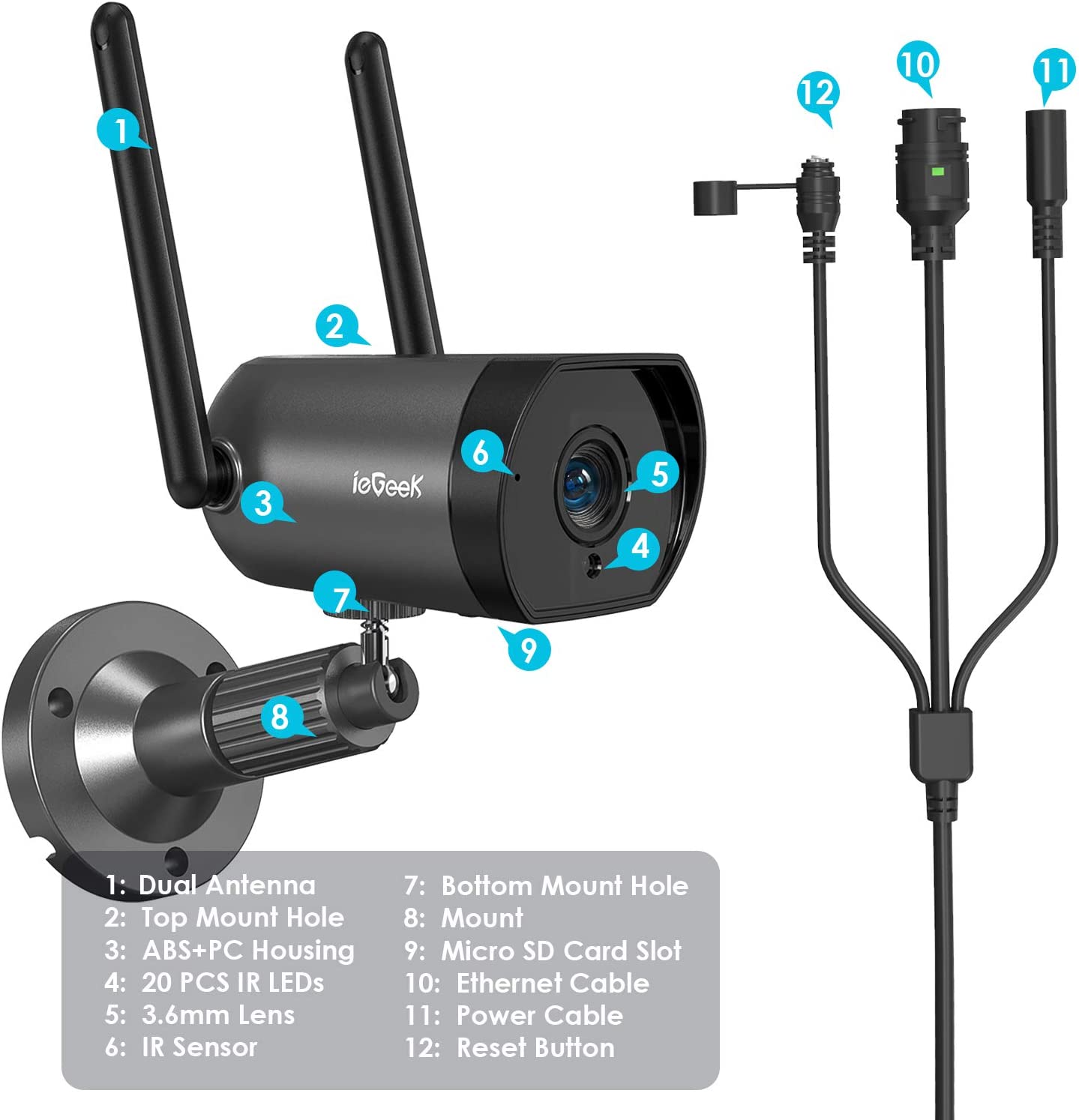 Caméra de sécurité extérieure ieGeek avec vision nocturne de 25 m, antenne 4 dBi, système de caméra de vidéosurveillance filaire WiFi sans fil 8