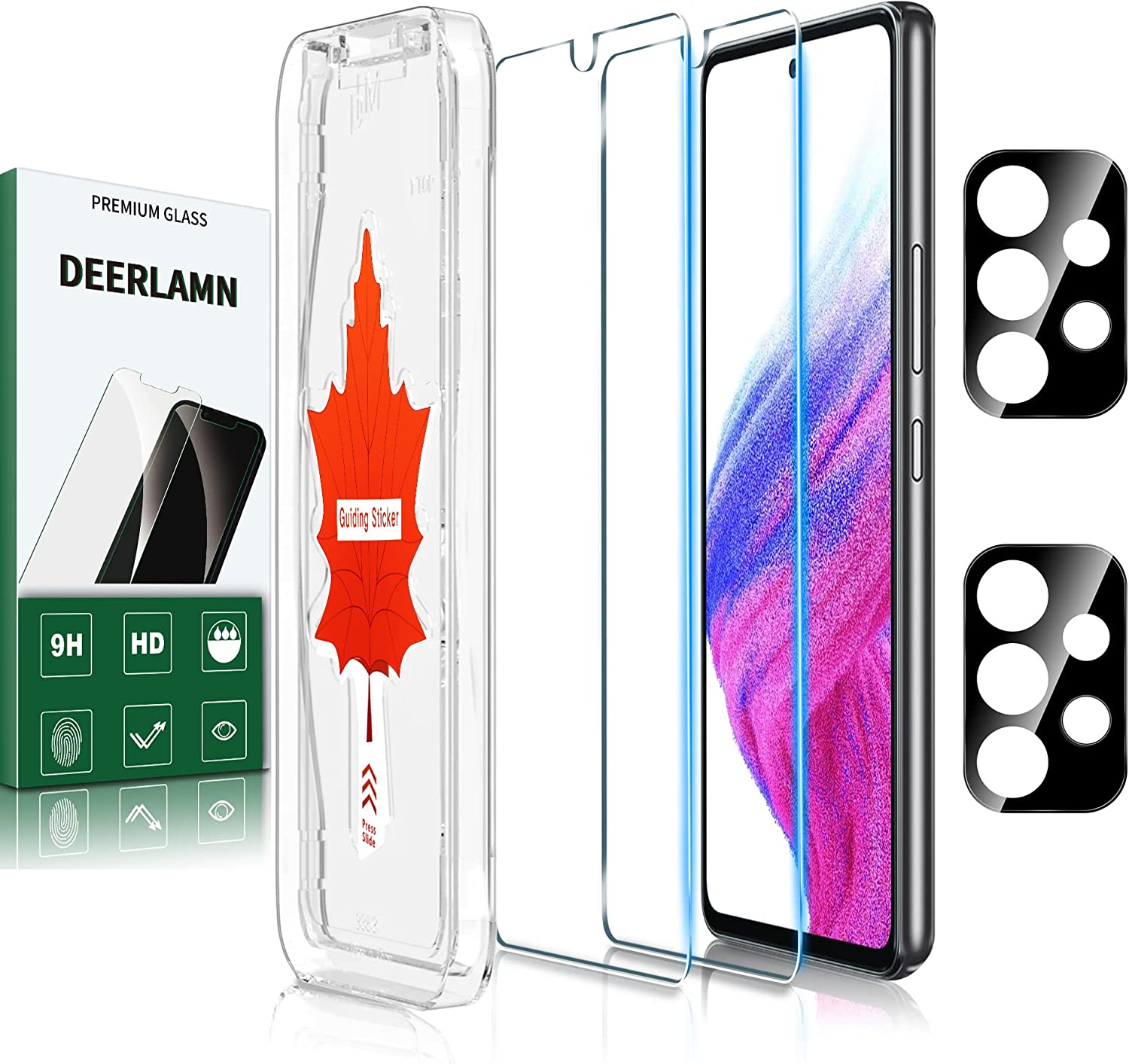 DEERLAMN Verre Trempé pour Samsung Galaxy A33 5G : A53 5G avec Cadre d’Installation, 9H Dureté Protection Écran, 2 Films de Protection et 2 Protection Ecran Caméra