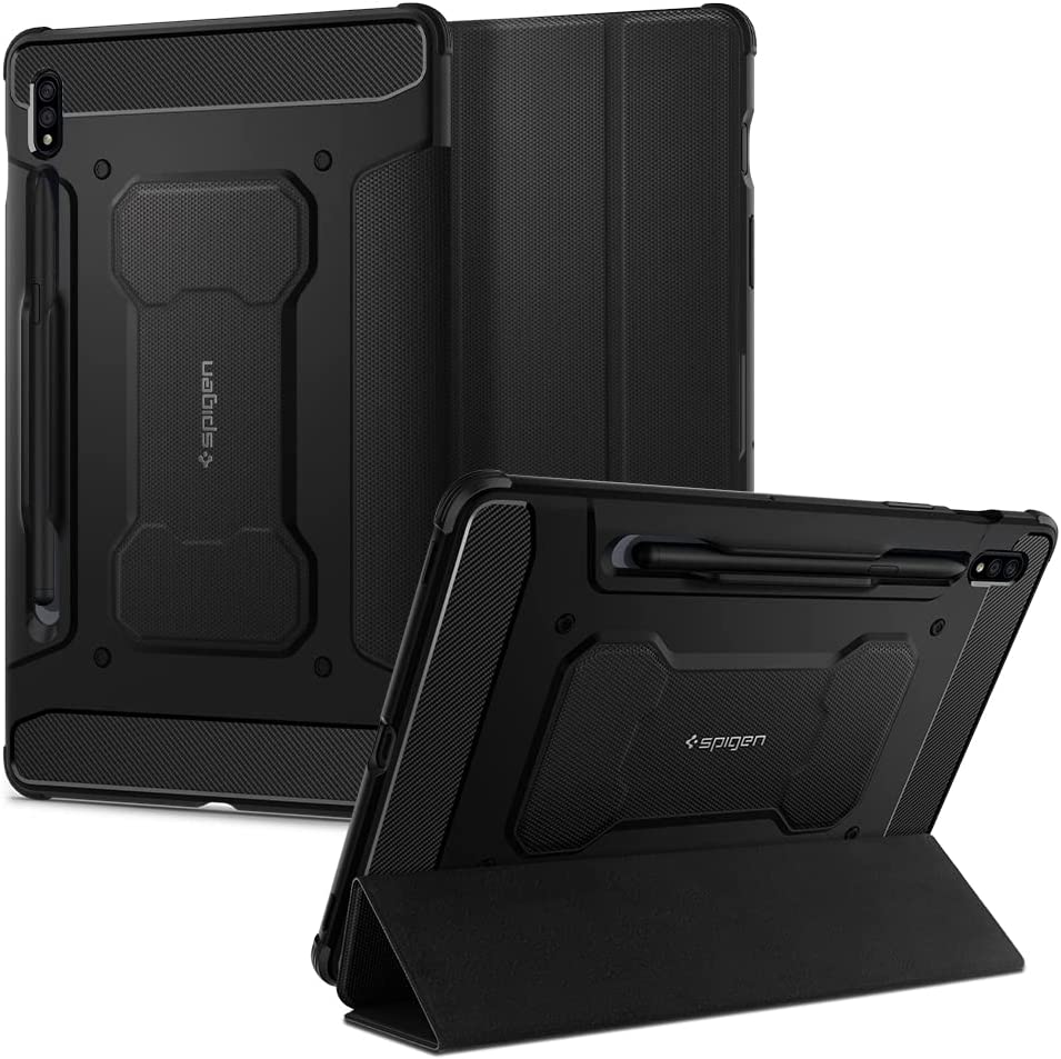 Spigen Rugged Armor Pro Coque Compatible avec Samsung Galaxy Tab S8 et Galaxy S7 avec Support Trifold:Fonction Auto Wake:Sleep (2020) – Noir