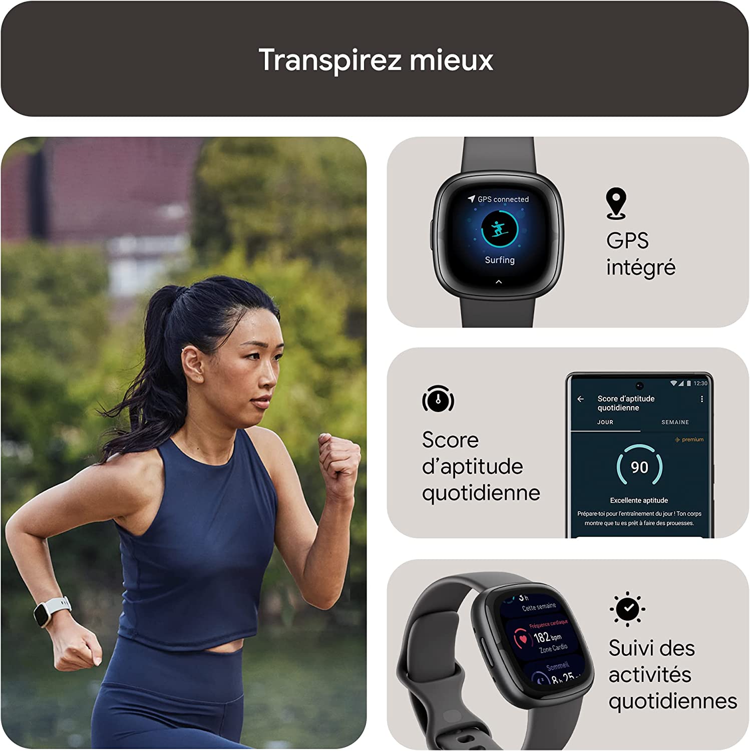 Montre Connectée Fitbit Sense 2 - GPS, Suivi Santé Avancé, Autonomie 6 Jours, Compatible IOS/Android