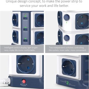 Multiprises avec 8 Prises EU, 6 Ports USB 2,4A et charge sans file Qi de 10W, Parafoudre et 1500J protection de surtension, 3600W/16A - BESTEK – Image 8