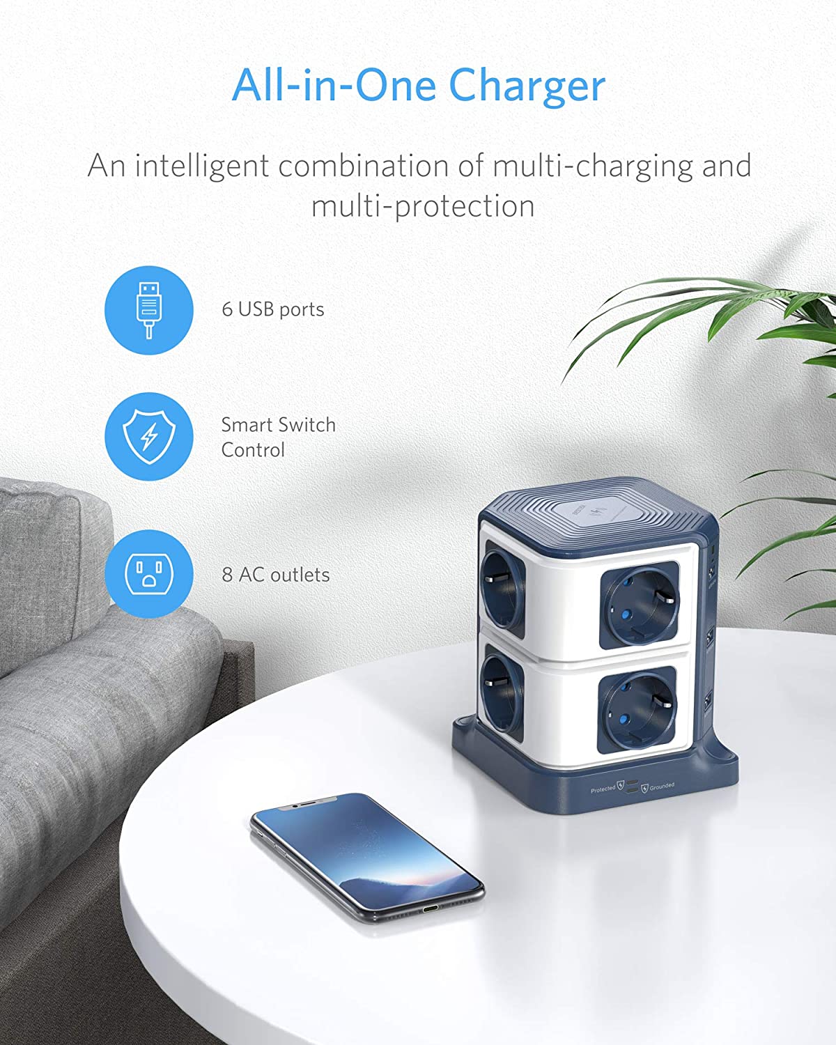 BESTEK Multiprise Parafoudre avec Chargeur Induction Qi 10W, Parasurtenseur avec 8 Prises EU et 6 Ports USB 2,4A, Multiprises avec Station de Charge Wireless, 1500J Protection Surtension, 3600W:16A – 6