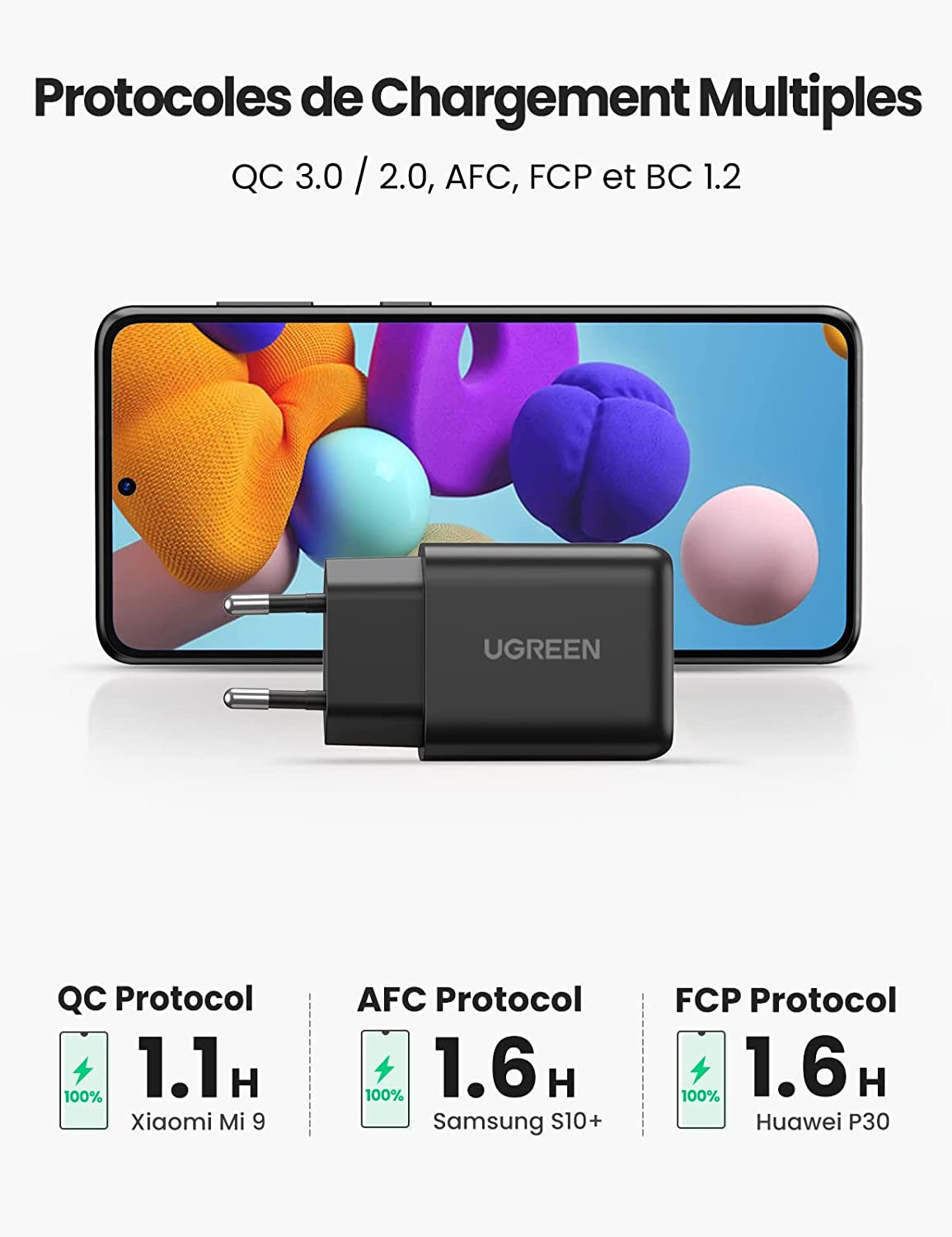 Chargeur UGREEN Secteur USB Quick Charge 3.0 Compatible avec iPhone Galaxy Google Xiaomi Redmi Poco Huawei Honor Oneplus HTC LG Oppo (Noir) 2