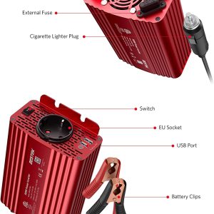 Convertisseur BESTEK  Transformateur 12v 220v 240v 500W Onduleur de Tension 2 Ports USB  5V par 4.8A et 1 Prise EU, Une Paire de Clips Batterie avec 2 Fusibles – Image 5