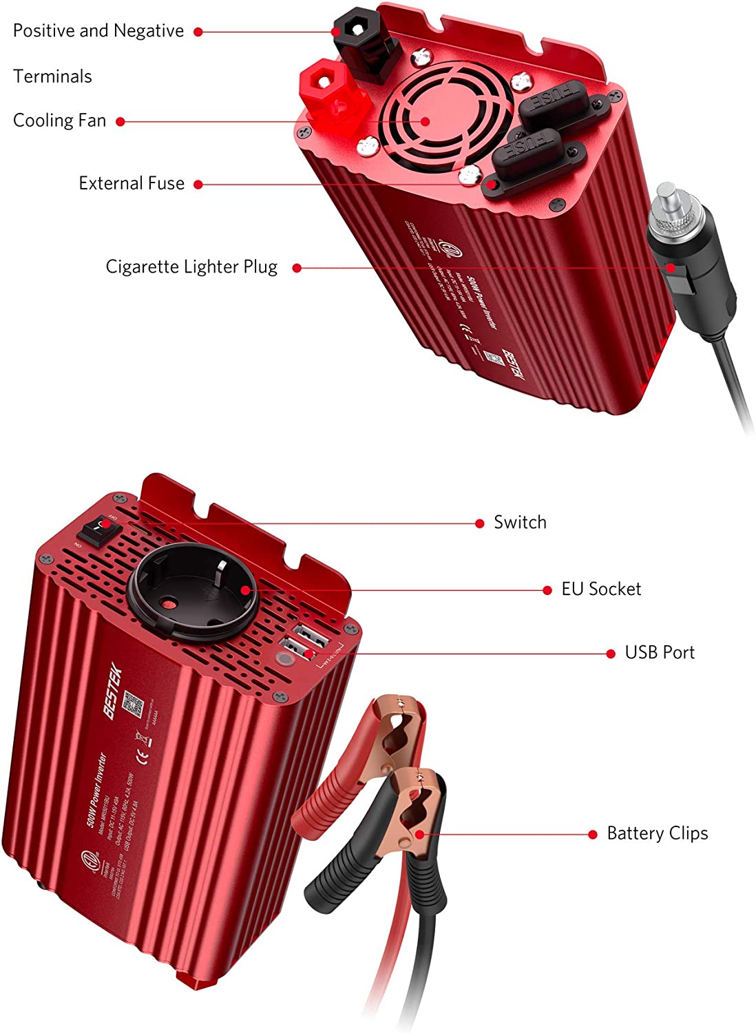 Convertisseur BESTEK Transformateur 12v 220v 240v 500W Onduleur de Tension 2 USB Ports 5V ou 4.8A et 1 Prise EU,Une Paire de Clips Batterie avec 2 Fusibles… 5