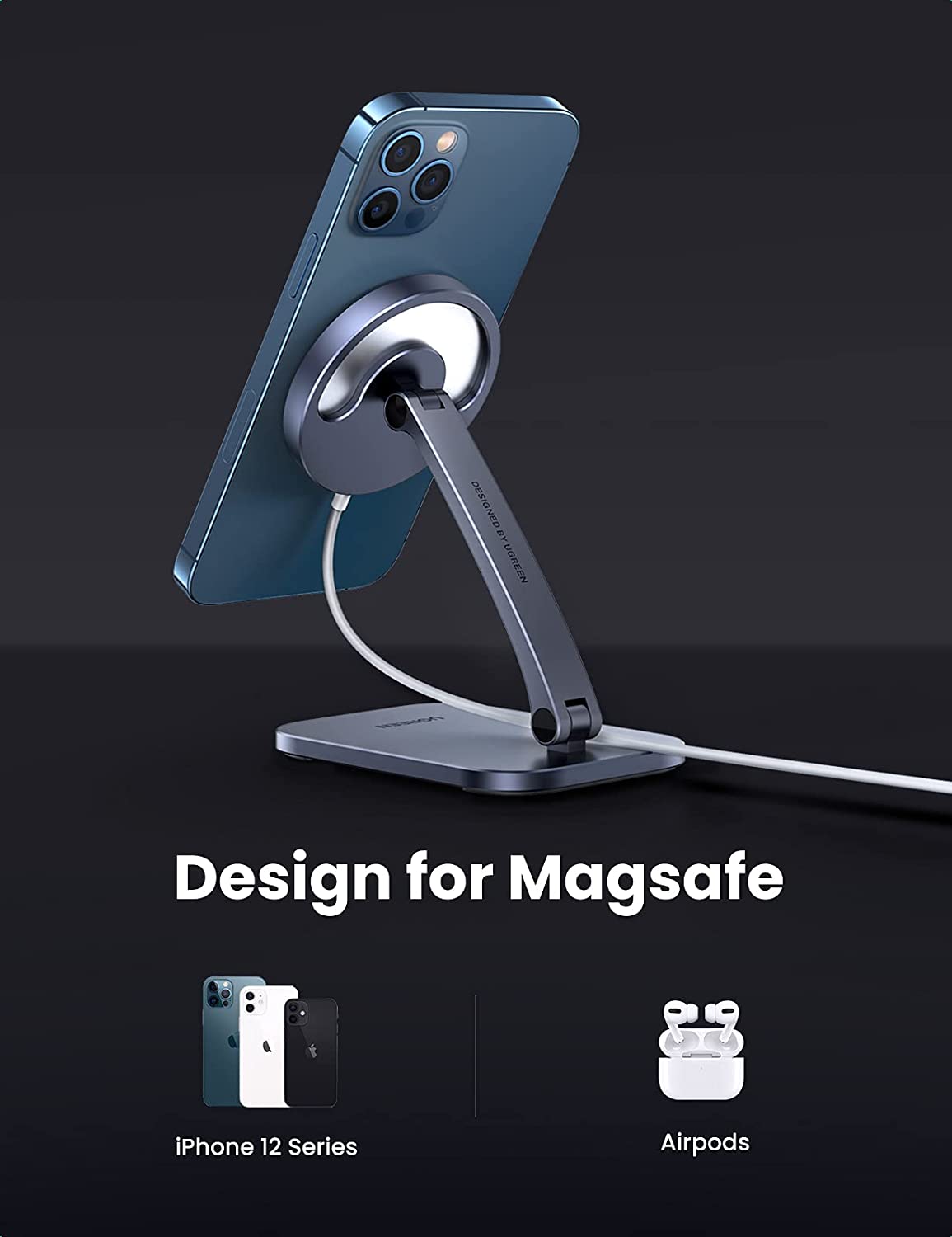 Support de téléphone de bureau magnétique pour Iphone 14 13 12 Series,  Support de téléphone Magsafe Dock avec 360rotation Base Pliable réglable