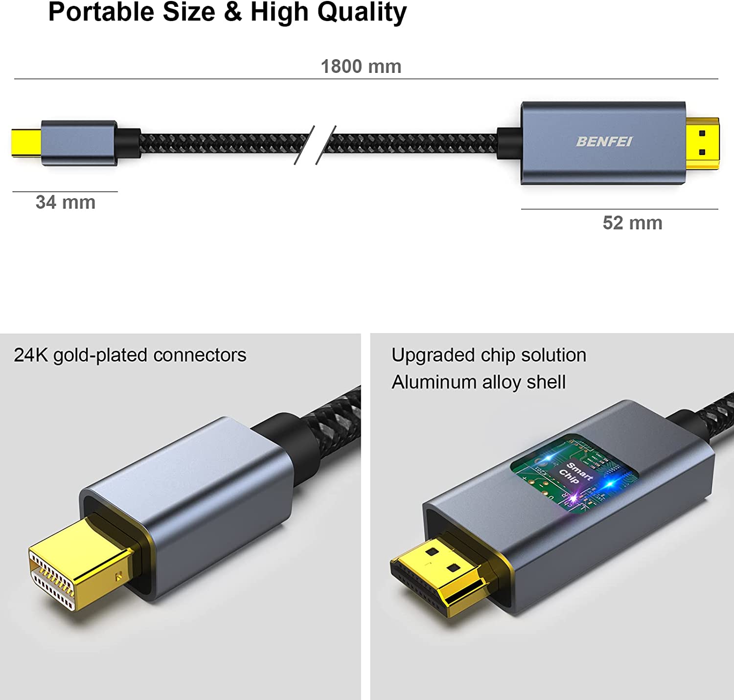 BENFEI Câble Mini DisplayPort vers HDMI,Compatible avec MacBook Air:Pro, Microsoft Surface Pro:Dock, Moniteur, Projecteur[Coque en Aluminium et câble en Nylon] – 6