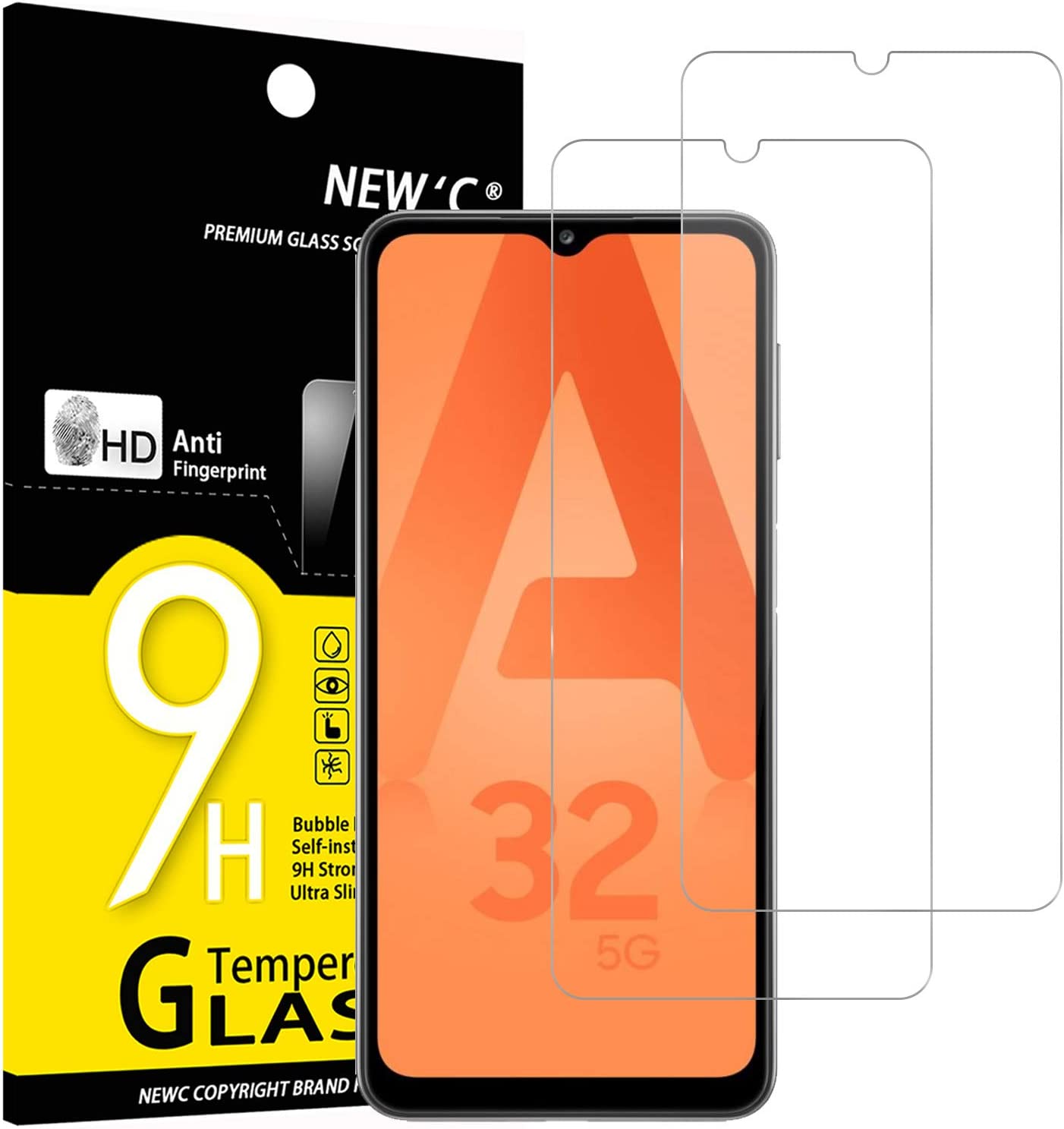 NEW’C Lot de 2, Verre Trempé pour Samsung Galaxy A32 5G (6,5), Film Protection écran – Anti Rayures – sans Bulles d’air -Ultra Résistant (0,33mm HD Ultra Transparent) Dureté 9H Glass
