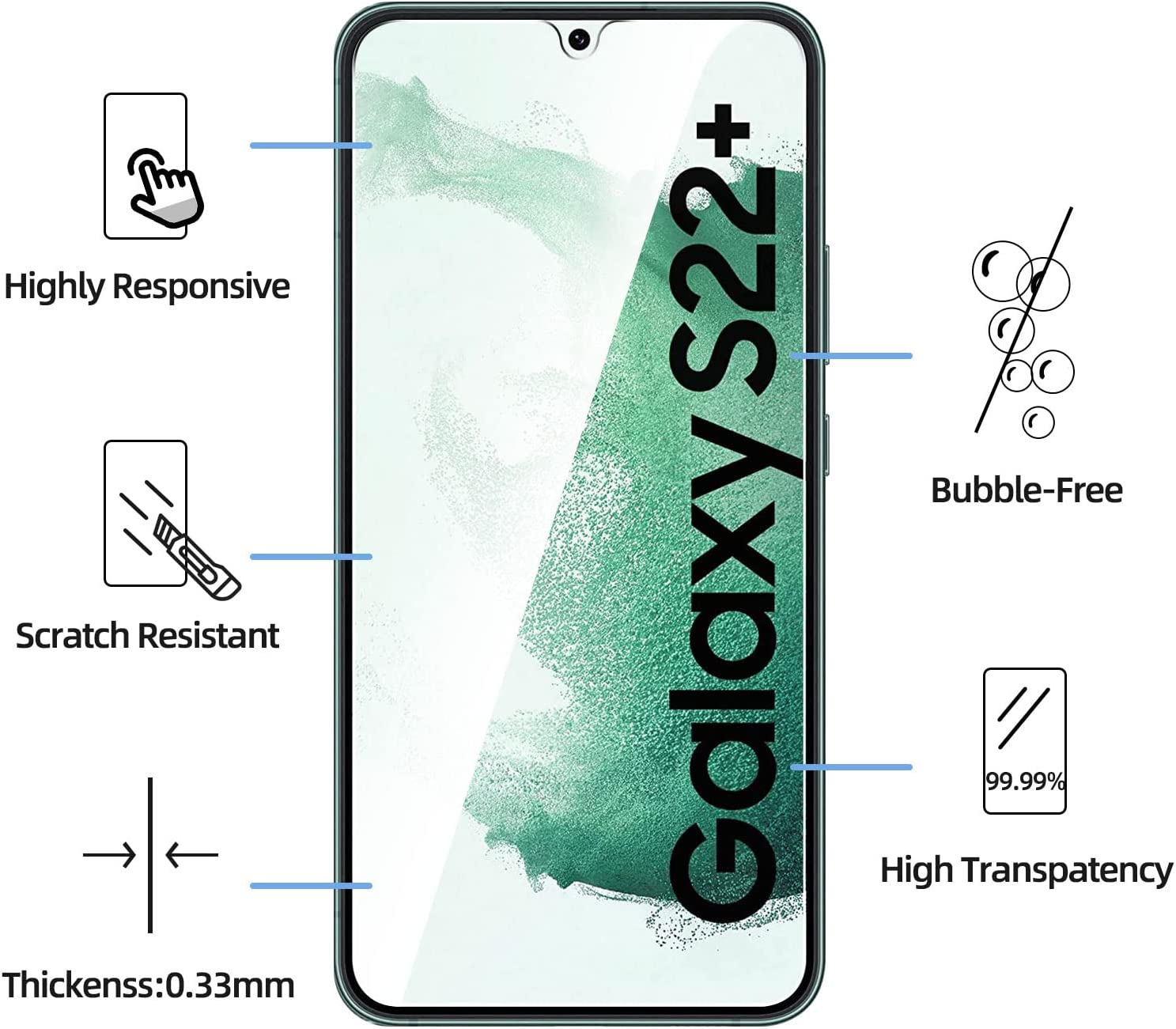 NEW’C Lot de 3, Verre Trempé pour Samsung Galaxy S22+ : S22 Plus, Film Protection écran – Anti Rayures – sans Bulles d’air -Ultra Résistant (0,26mm HD Ultra Transparent) Dureté 9H Glass – 3