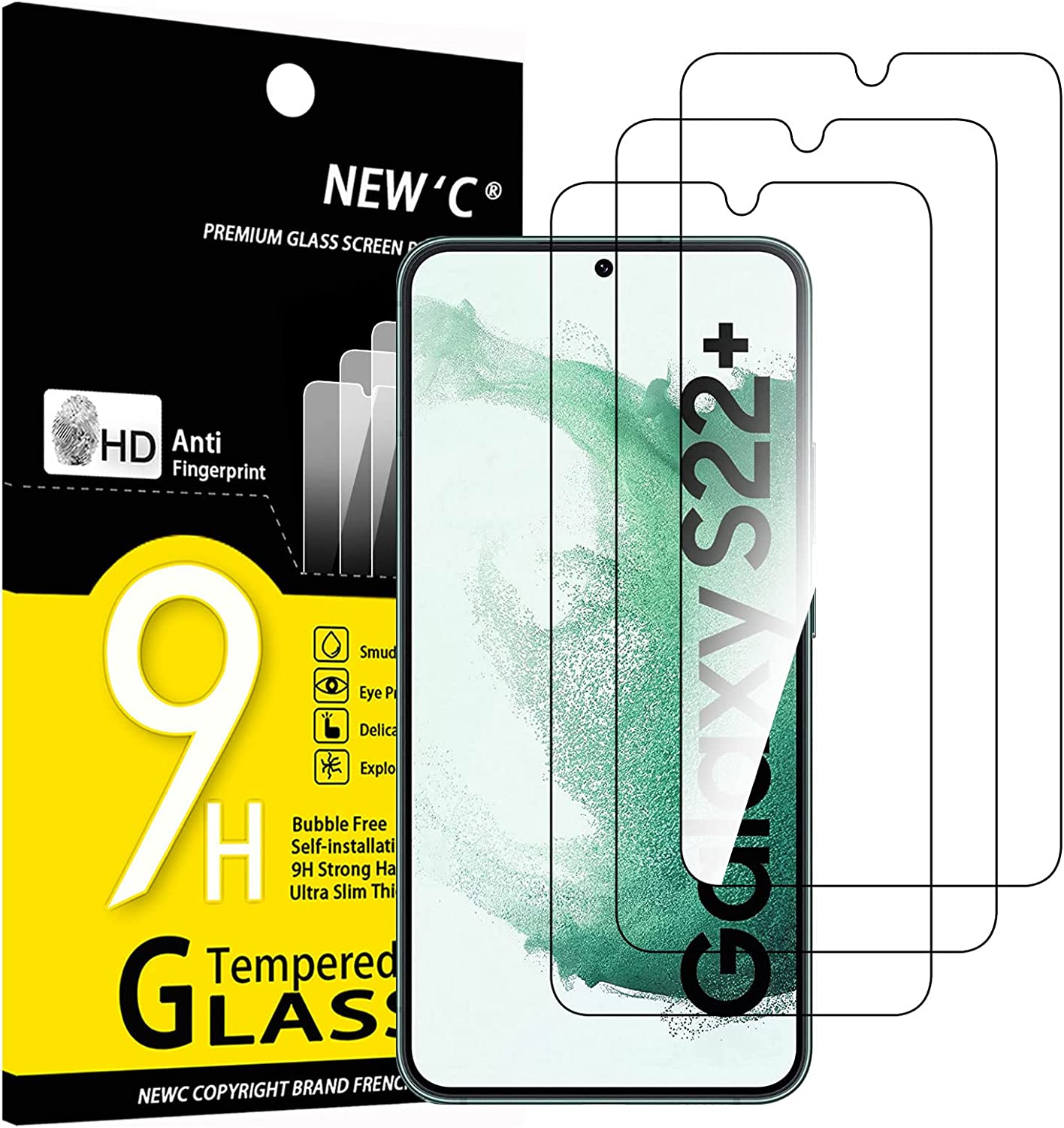 NEW’C Lot de 3, Verre Trempé pour Samsung Galaxy S22+ : S22 Plus, Film Protection écran – Anti Rayures – sans Bulles d’air -Ultra Résistant (0,26mm HD Ultra Transparent) Dureté 9H Glass