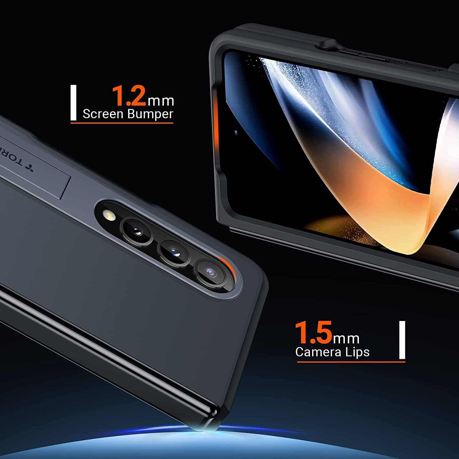 TORRAS Coque avec béquille pour Galaxy Z Fold 4, [support en alliage d’aluminium] [Pas de soucis adhésif] Coque fine, transparente, mate et durable noir – 3