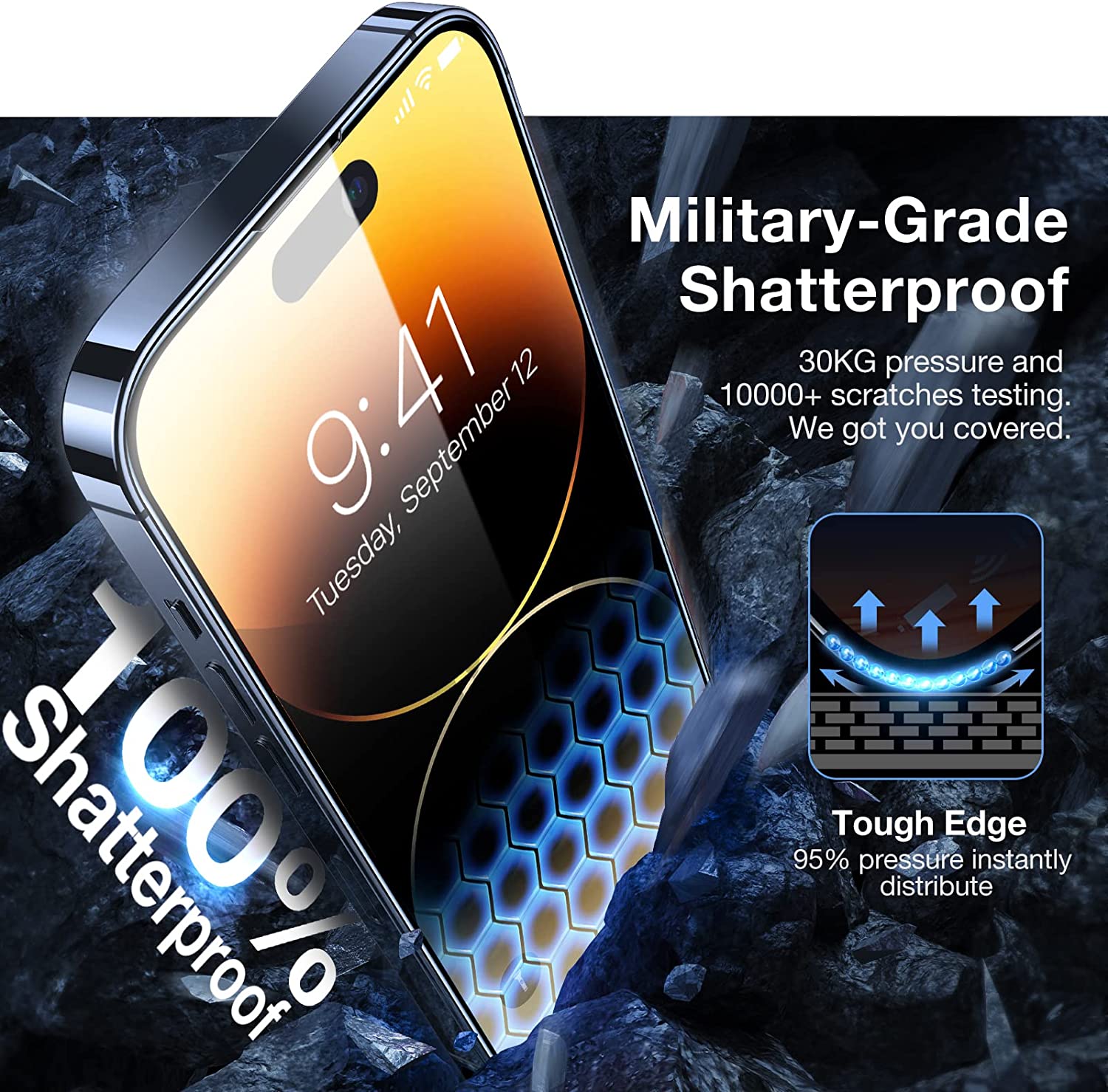 TORRAS Diamond Shield Lot de 2 protecteurs d’écran pour iPhone 14 Pro [Protection de qualité militaire 10x] avec bords renforcés durables en verre trempé transparent – 3