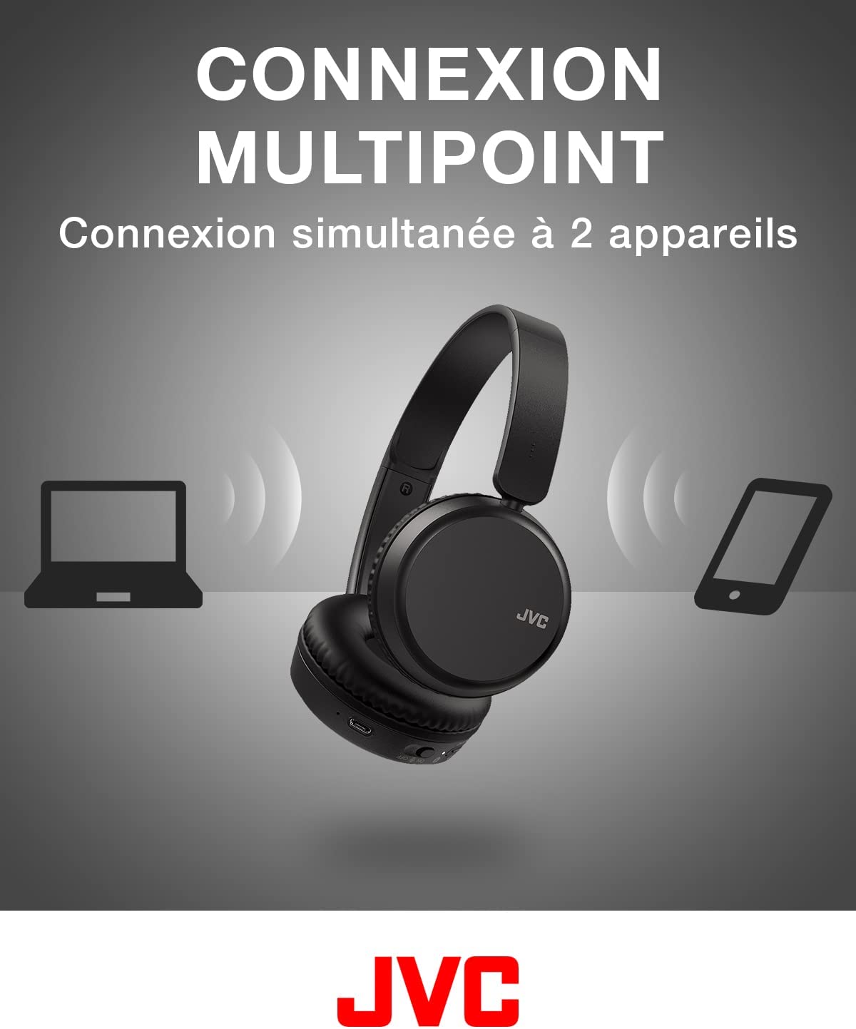 Casque sans Fil Supra-aural, 3 Modes sonores(Basse, Clair, Normal), 35H d’autonomie, Léger, Structure pivotante et Pliable à Plat, Connexion Multipoint, Bluetooth – JVC – HA-Z37W-B (Noir) 4