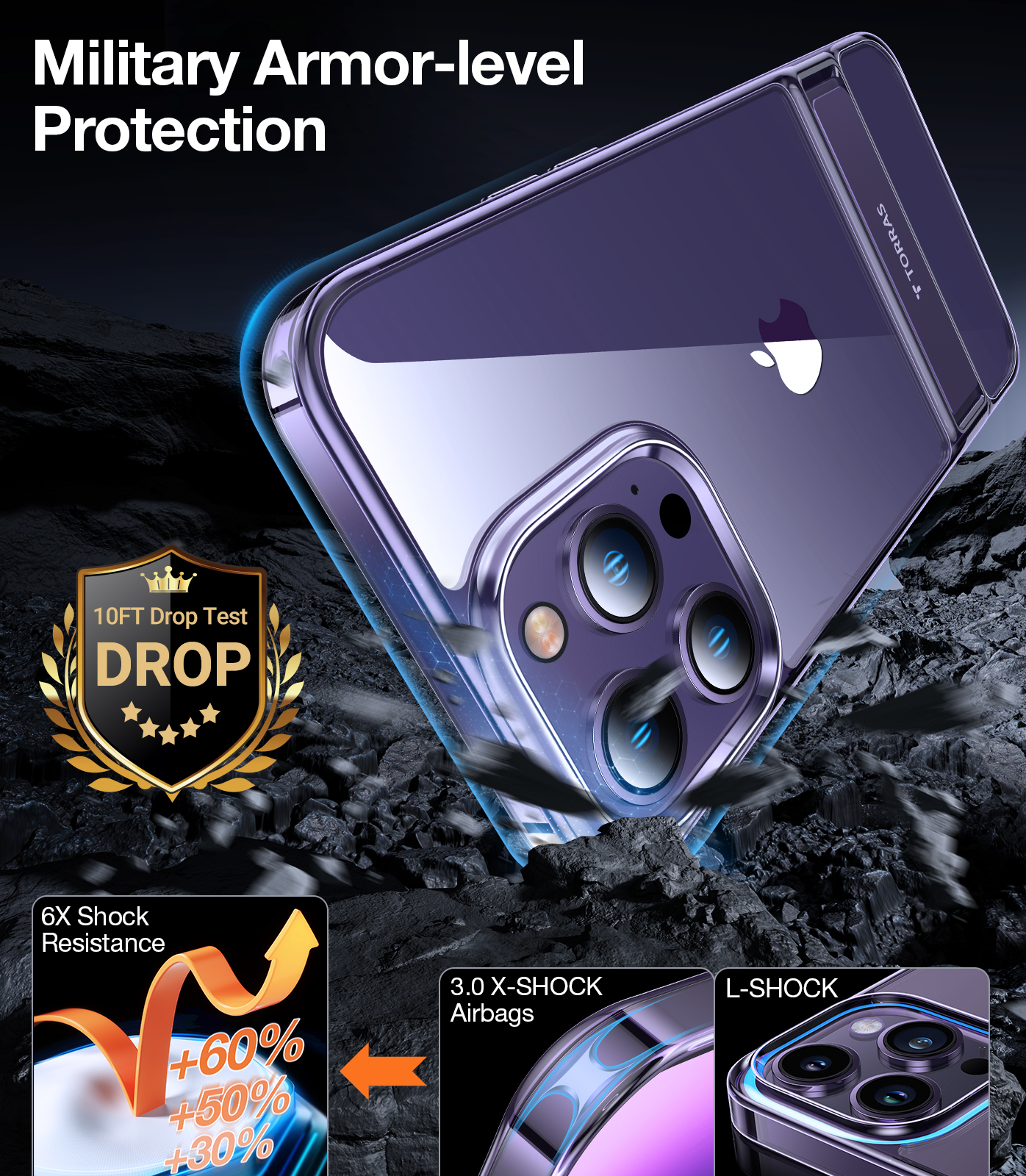 Coque TORRAS MoonClimber transparente compatible avec iPhone 14 Pro Max avec support, [Test de chute de qualité militaire de 3 mètres] violet foncé – 11