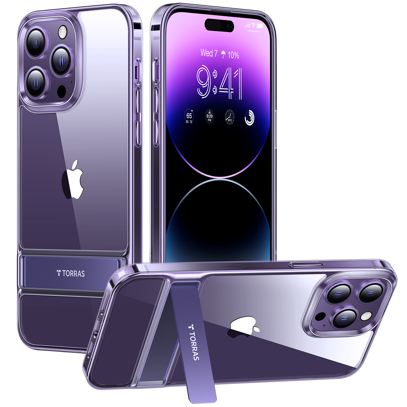 Coque TORRAS MoonClimber transparente compatible avec iPhone 14 Pro Max avec support, [Test de chute de qualité militaire de 3 mètres] violet foncé – 13