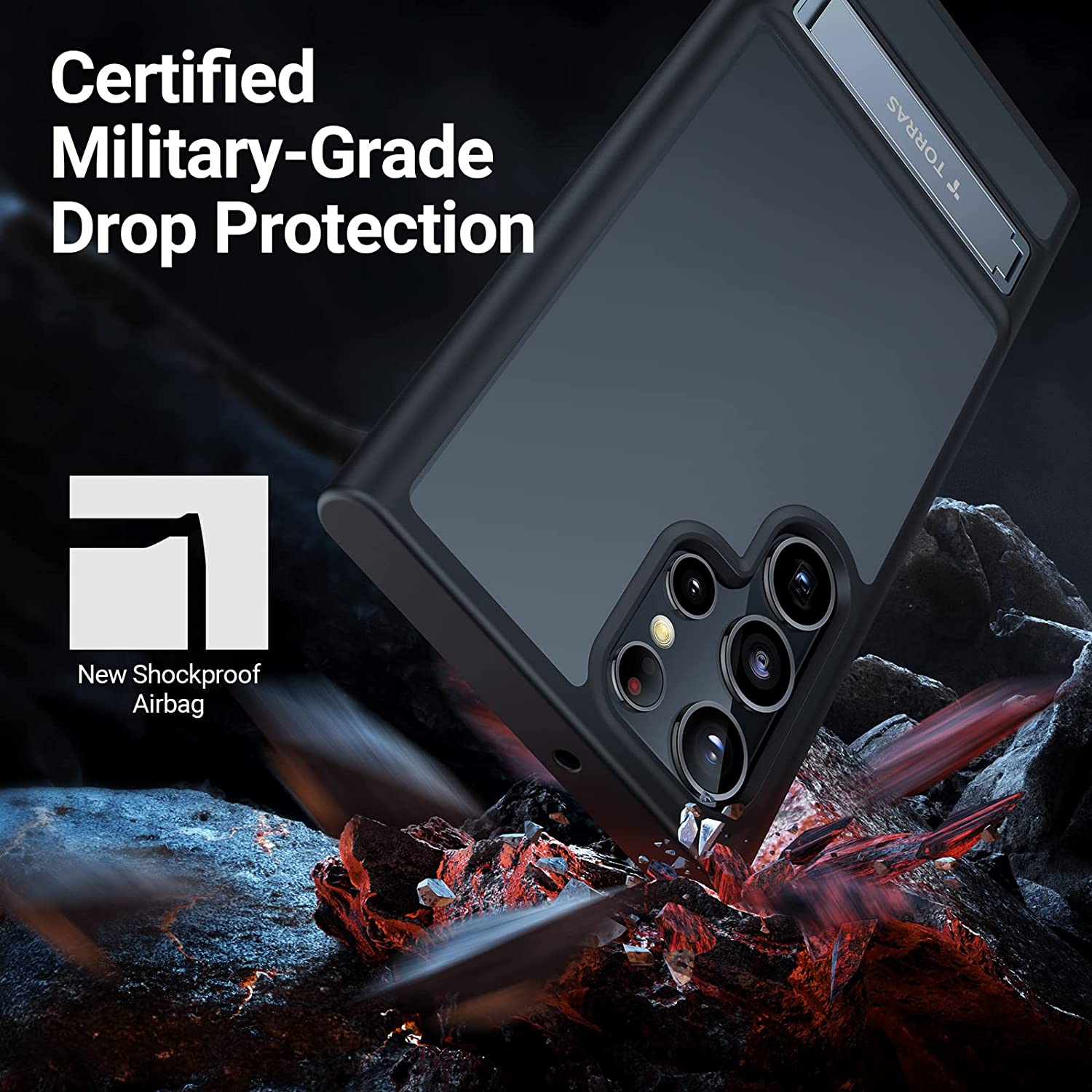 Coque pour Samsung Galaxy S22 Ultra 6,8 5G [3 positions de support en métal] [Protection militaire anti-chocs] Translucide mat, Mystic Black – TORRAS MarsClimber – 2