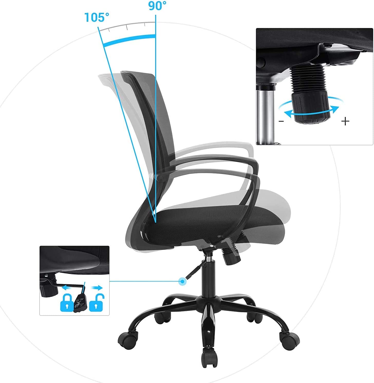 Fauteuil de bureau ergonomique, pivotant, réglable en Hauteur, mécanisme d’Inclinaison – Noir – SONGMICS 4