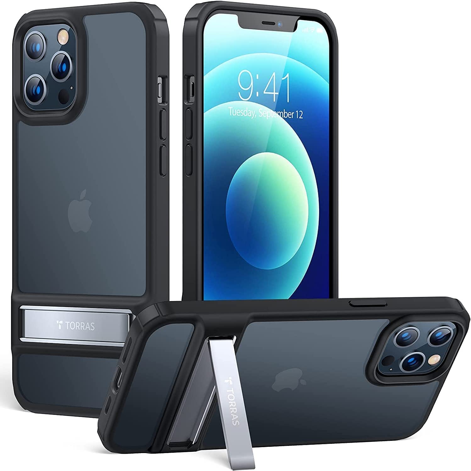 TORRAS MarsClimber Coque pour iPhone 12 Pro Max [3 façons de support] Dos mat translucide et pare-chocs en silicone pour iPhone 12 Pro Max avec béquille en métal, noir mystique