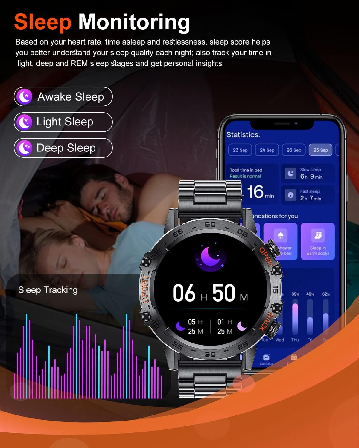 SIEMORL Montre Connectée Homme Appel Bluetooth,Smart Watch Moniteur de Fréquence Cardiaque Sommeil 7