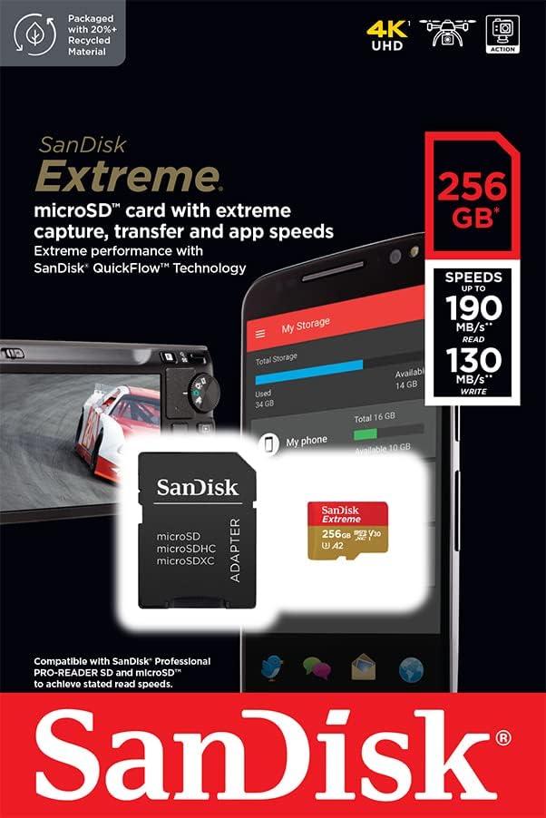 SanDisk 256 Go Extreme Carte Mémoire MicroSDXC + Adaptateur SD avec Performances Applicatives A2 Jusqu’à 190 Mo:s:130 Mo:s, Classe 10, U3, V30 Visiter la boutique SanDisk – 4