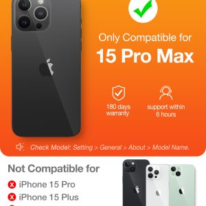 iPhone 15 Pro Max de dos montrant l'appareil photo et la liste des modèles iPhone compatibles.