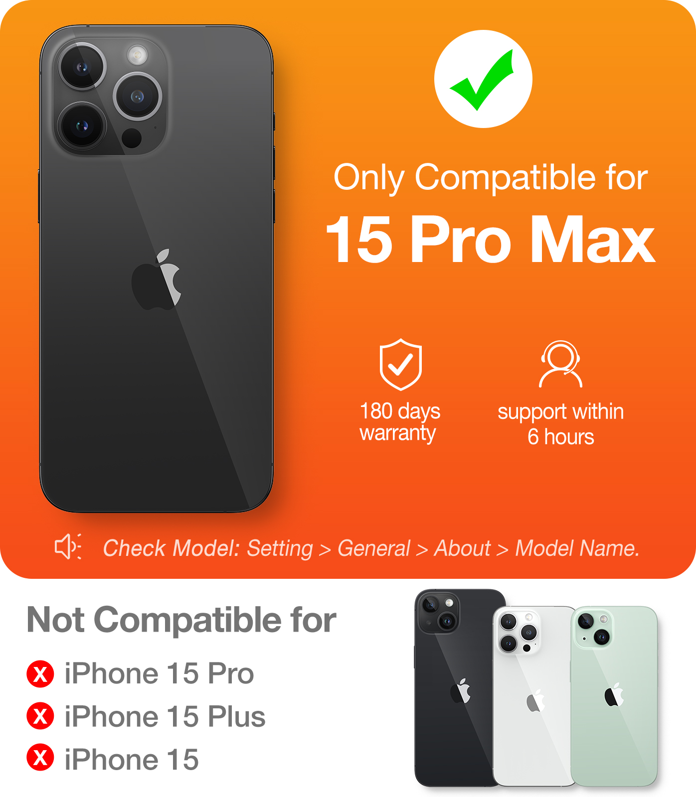 iPhone 15 Pro Max – Vue Arrière avec Liste de Compatibilité
