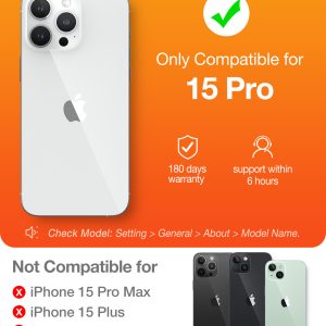 Image indiquant que la coque Torras est uniquement compatible avec l'iPhone 15 Pro, avec des icônes de garantie de 180 jours et de support dans les 6 heures.