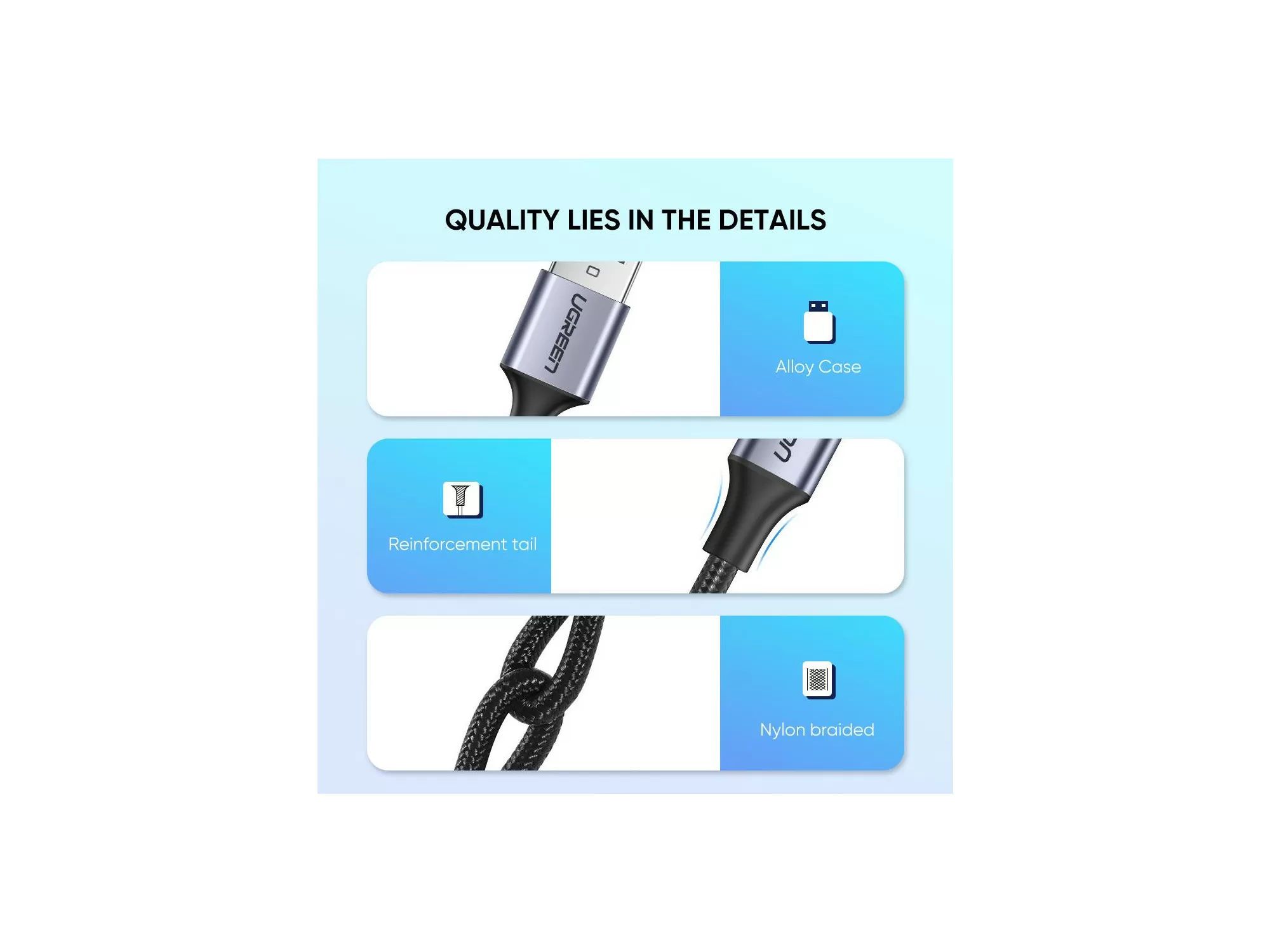 Câble USB-C Ugreen 0,25m avec tissage en nylon et contacts en aluminium, support QC3.0 & 3A – 60124, noir – 5