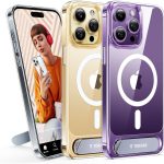 Coque Torras Pstand transparente pour iPhone 15 Pro Max avec MagSafe et béquille, affichant des iPhones doré et violet en vue arrière et latérale.