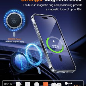 iPhone 15 Pro Max avec coque Torras Pstand montrant le verrouillage magnétique renforcé et le pourcentage de charge sur un fond sombre.