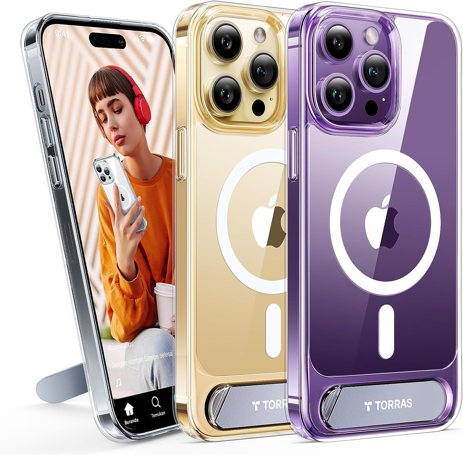 Coque Torras Pstand transparente pour iPhone 15 Pro Max avec MagSafe et béquille, affichant des iPhones doré et violet en vue arrière et latérale.