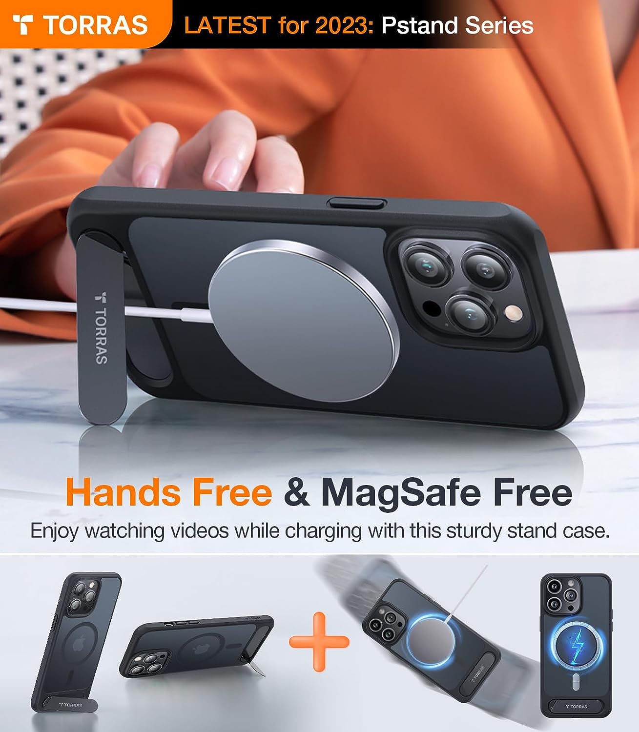 Coque magnétique pour iPhone 15 Pro Max, avec MagSafe et béquille intégrée – Torras Pstand – Noir 2