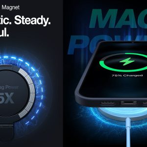 Aimant Halbach unique sur la coque Torras Ostand pour iPhone 15 Pro, démontrant une charge magnétique puissante et stable.