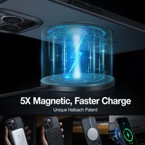 Charge magnétique 5 fois plus rapide avec la coque Torras UPRO Ostand pour iPhone, mettant en vedette le brevet unique Halbach.