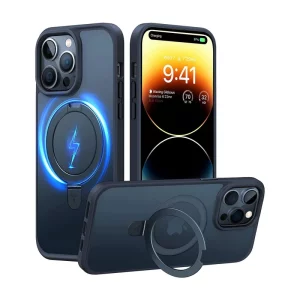 Coque magnétique Torras UPRO Ostand pour iPhone 15 Pro en noir avec anneau de support et illustration de la fonction de charge sans fil.