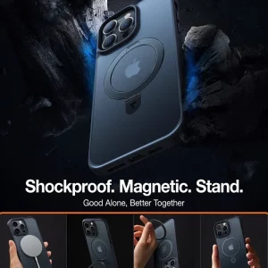 Coque iPhone 15 Pro Torras UPRO Ostand mise en valeur avec des fonctionnalités antichoc, magnétique et avec support, dans un décor sombre et rocheux.