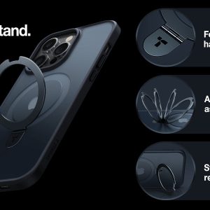 Coque pour iPhone 15 Pro Torras UPRO Ostand noire avec un support pliable, ajustable et stable présentée sur un fond noir.