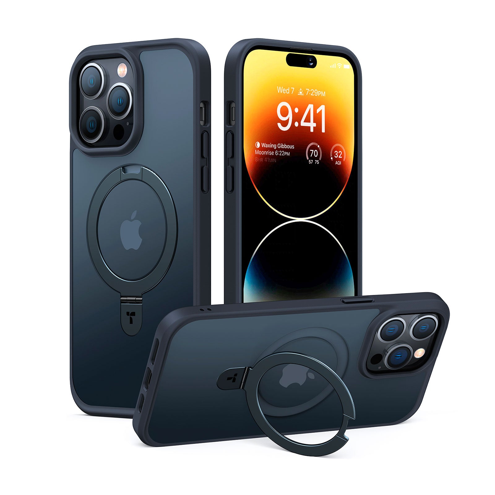Coque magnétique noire compatible avec Magsafe pour iPhone 15 Pro avec un support intégré de la marque Torras UPRO Ostand, affichée en vue avant et arrière.