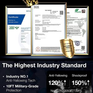 Certifications SGS, RoHS et preuve d'anti-explosion pour la coque Torras Diamond Clear iPhone 15 Pro, indiquant la technologie anti-jaunissement et la protection militaire.