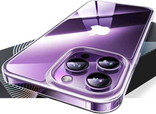 Vue arrière inclinée de la coque transparente Torras Diamond Clear pour iPhone 15 Pro, mettant en évidence son design transparent.